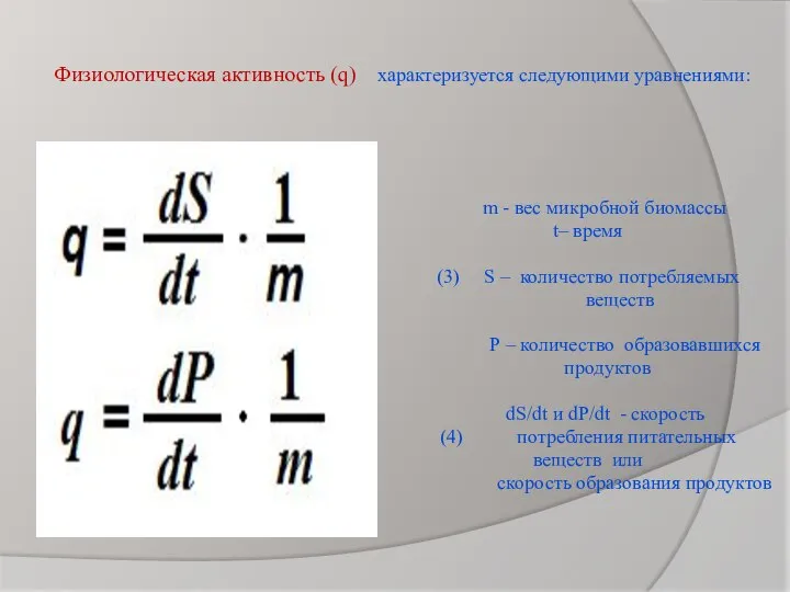 Физиологическая активность (ԛ) характеризуется следующими уравнениями: m - вес микробной биомассы t–