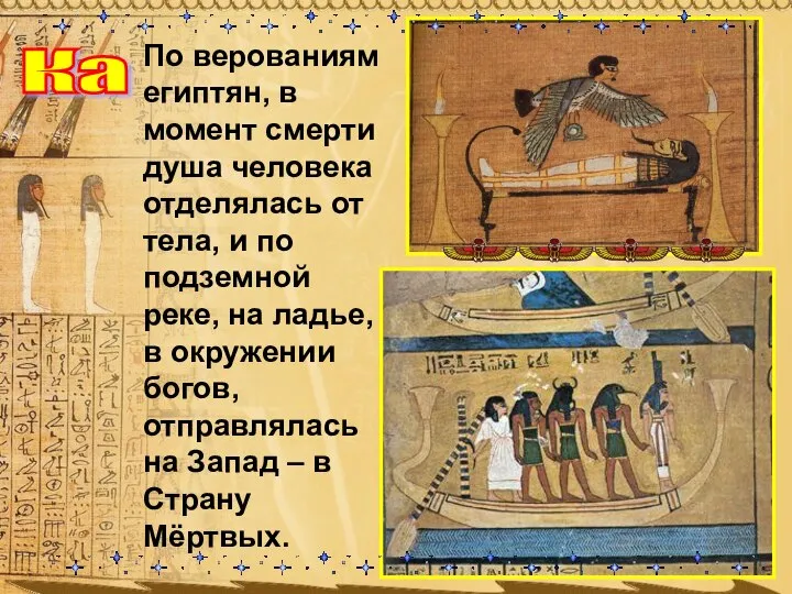 По верованиям египтян, в момент смерти душа человека отделялась от тела, и
