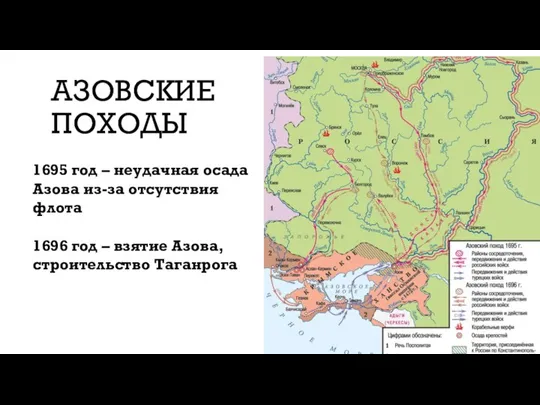 АЗОВСКИЕ ПОХОДЫ 1695 год – неудачная осада Азова из-за отсутствия флота 1696