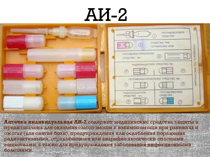 Аптечка индивидуальная АИ-2 содержит медицинские средства защиты и предназначена для оказания самопомощи