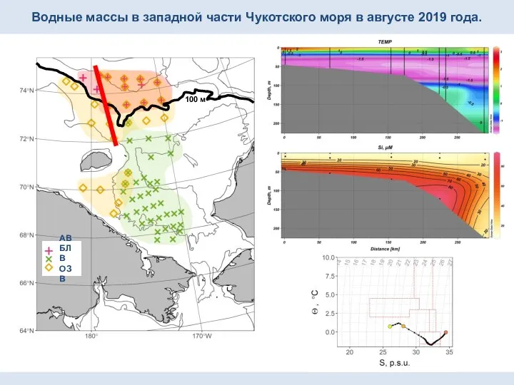 Водные массы в западной части Чукотского моря в августе 2019 года. 100 м АВ БЛВ ОЗВ