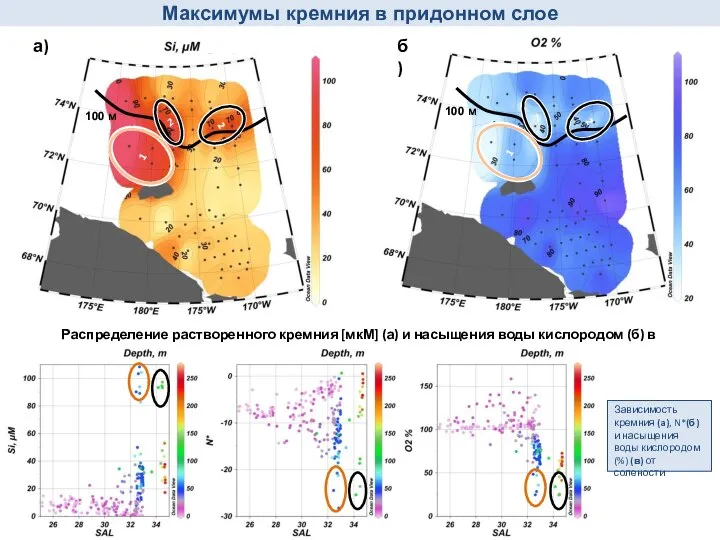 Распределение растворенного кремния [мкМ] (а) и насыщения воды кислородом (б) в придонном