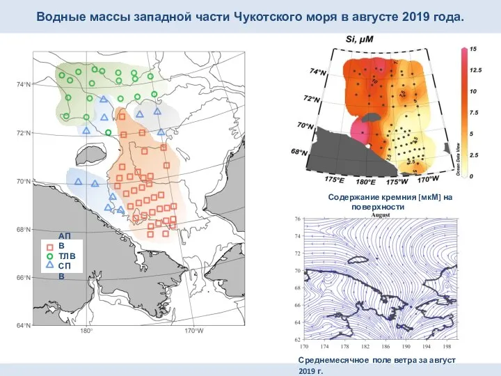 Содержание кремния [мкМ] на поверхности Водные массы западной части Чукотского моря в