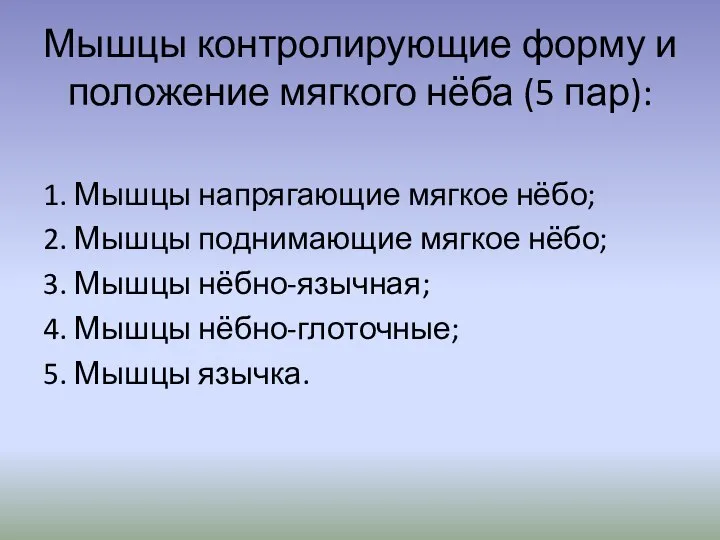 Мышцы контролирующие форму и положение мягкого нёба (5 пар): 1. Мышцы напрягающие