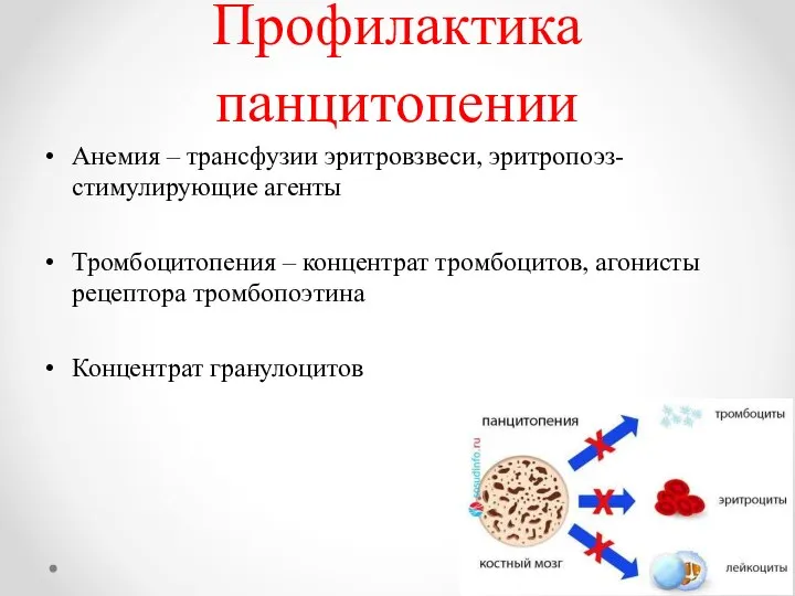 Профилактика панцитопении Анемия – трансфузии эритровзвеси, эритропоэз-стимулирующие агенты Тромбоцитопения – концентрат тромбоцитов,