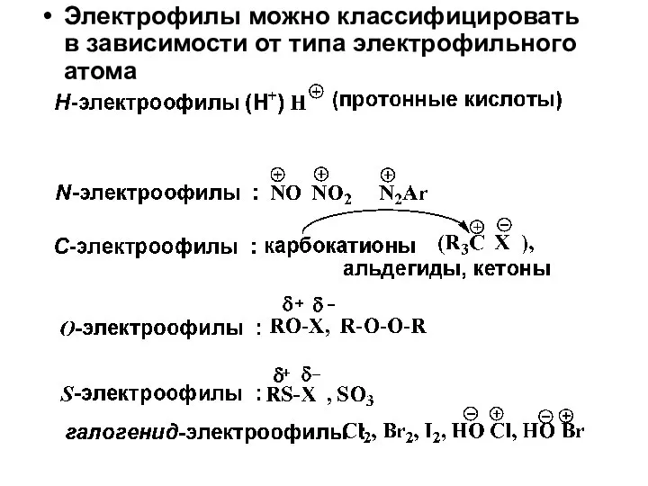 Электрофилы можно классифицировать в зависимости от типа электрофильного атома