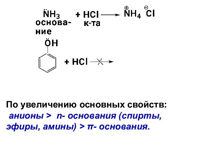 По увеличению основных свойств: анионы > n- основания (спирты, эфиры, амины) > π- основания.