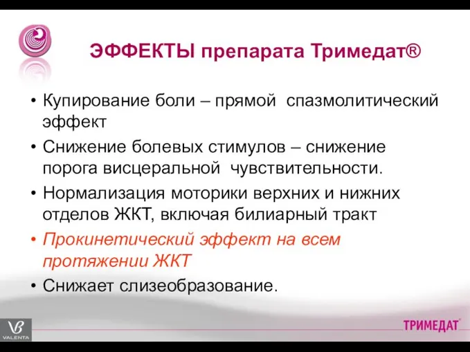 ЭФФЕКТЫ препарата Тримедат® Купирование боли – прямой спазмолитический эффект Снижение болевых стимулов