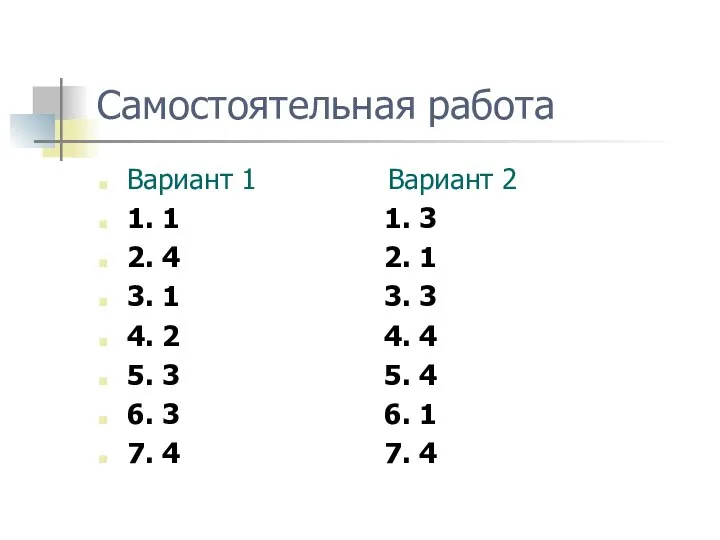 Самостоятельная работа Вариант 1 Вариант 2 1. 1 1. 3 2. 4