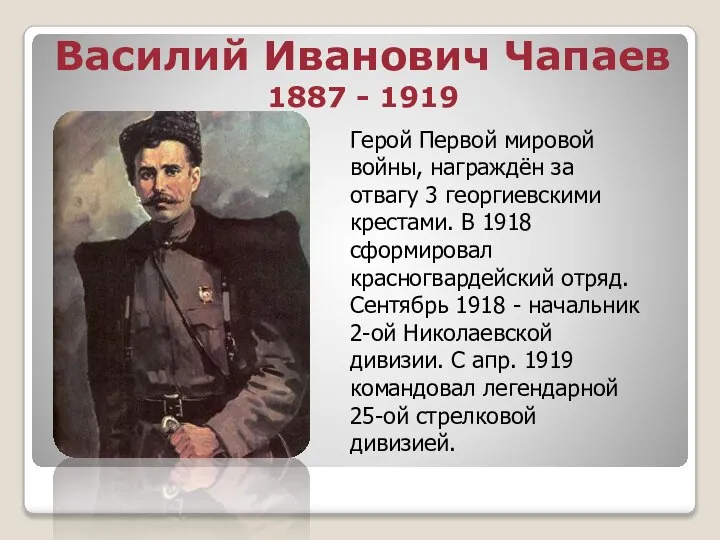 Василий Иванович Чапаев 1887 - 1919 Герой Первой мировой войны, награждён за