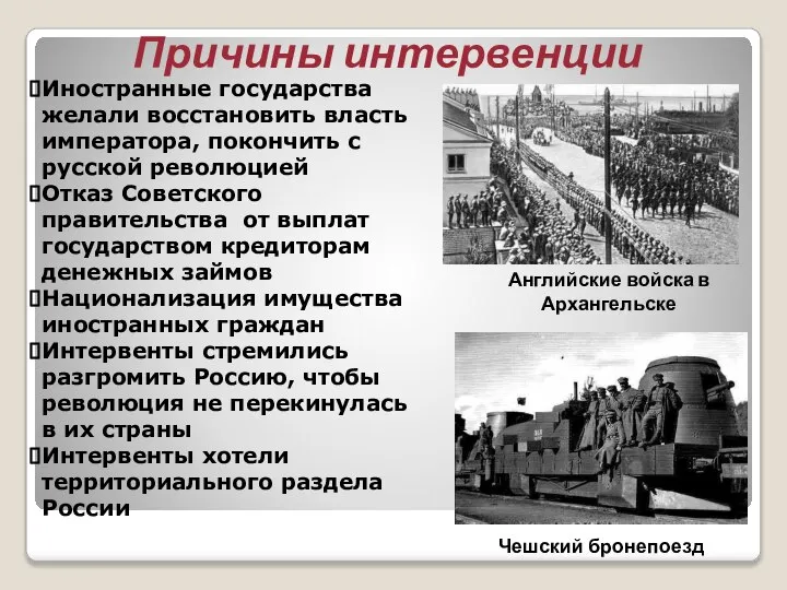 Причины интервенции Иностранные государства желали восстановить власть императора, покончить с русской революцией