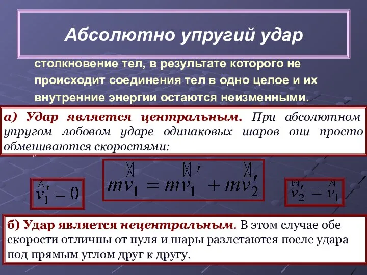 Абсолютно упругий удар столкновение тел, в результате которого не происходит соединения тел