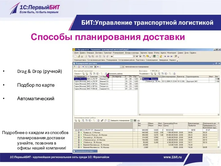 Способы планирования доставки Drag & Drop (ручной) Подбор по карте Автоматический Подробнее