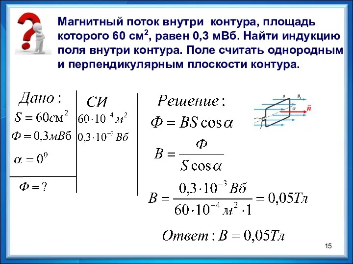Магнитный поток внутри контура, площадь которого 60 см2, равен 0,3 мВб. Найти