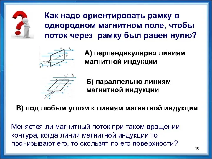 Как надо ориентировать рамку в однородном магнитном поле, чтобы поток через рамку