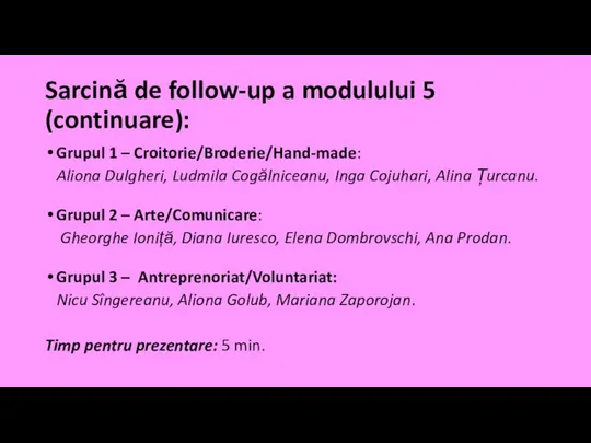 Sarcină de follow-up a modulului 5 (continuare): Grupul 1 – Croitorie/Broderie/Hand-made: Aliona