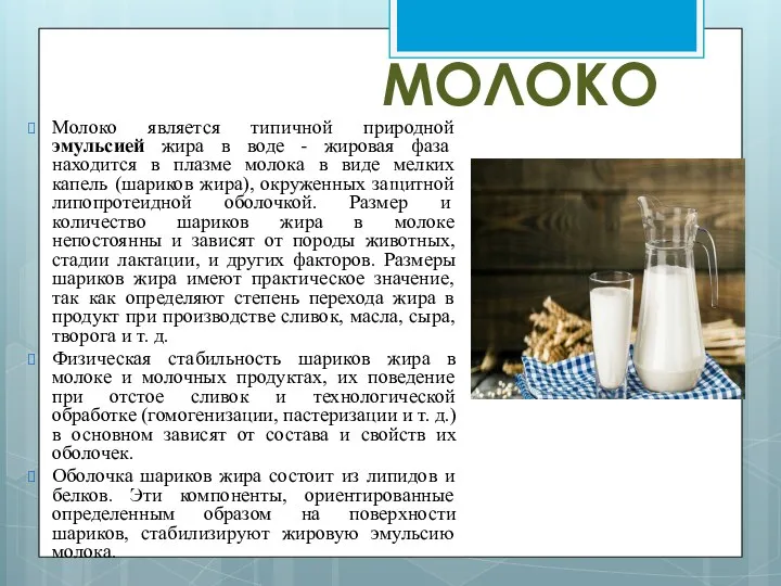 МОЛОКО Молоко является типичной природной эмульсией жира в воде - жировая фаза