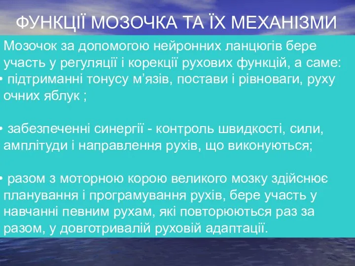 Мозочок за допомогою нейронних ланцюгів бере участь у регуляції і корекції рухових