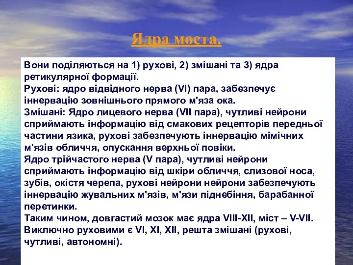 Ядра моста. Вони поділяються на 1) рухові, 2) змішані та 3) ядра