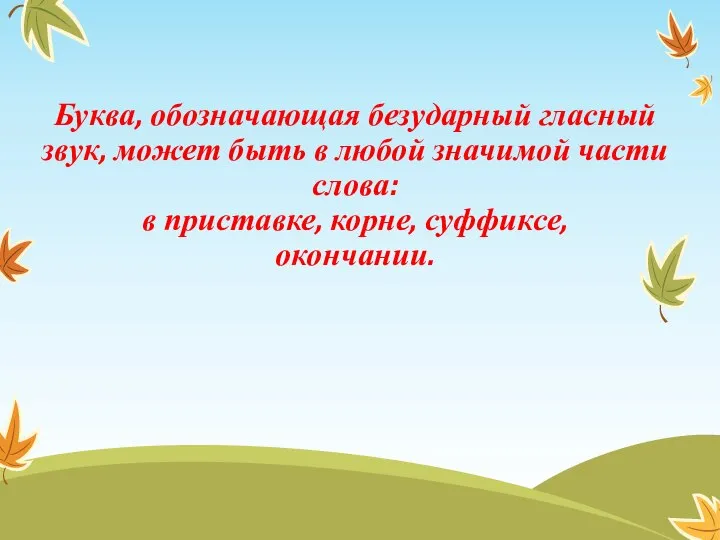 Буква, обозначающая безударный гласный звук, может быть в любой значимой части слова: