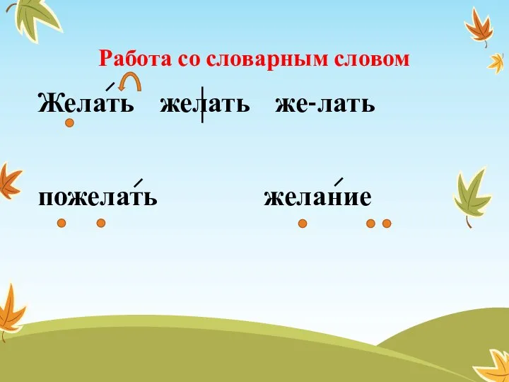 Работа со словарным словом Желать желать же-лать пожелать желание