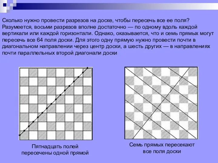 Пятнадцать полей пересечены одной прямой Семь прямых пересекают все поля доски Сколько