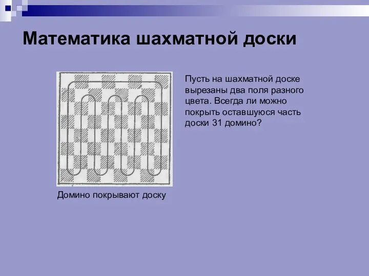 Математика шахматной доски Домино покрывают доску Пусть на шахматной доске вырезаны два