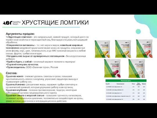 Аргументы продаж: «Хрустящие ломтики» - это натуральный, свежий продукт, который долго не