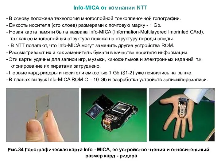 Info-MICA от компании NTT В основу положена технология многослойной тонкопленочной голографии. Емкость
