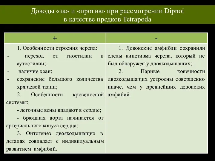 Доводы «за» и «против» при рассмотрении Dipnoi в качестве предков Tetrapoda