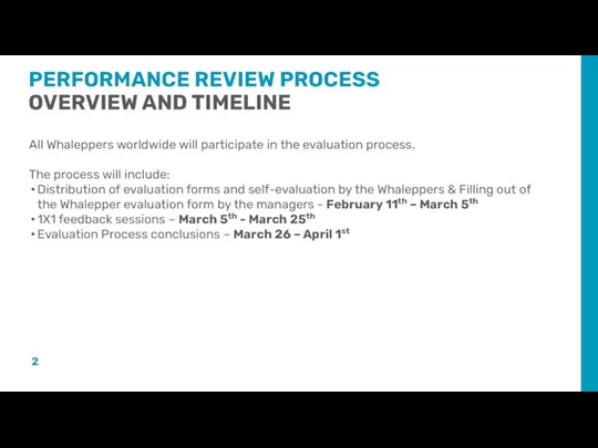 PERFORMANCE REVIEW PROCESS OVERVIEW AND TIMELINE All Whaleppers worldwide will participate in