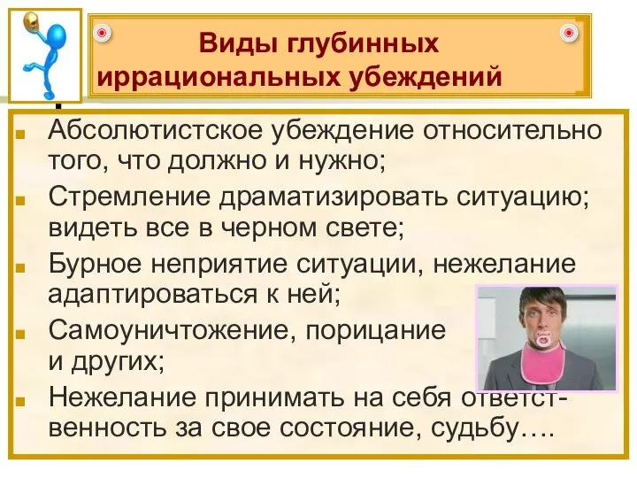 Виды глубинных иррациональных убеждений Абсолютистское убеждение относительно того, что должно и нужно;