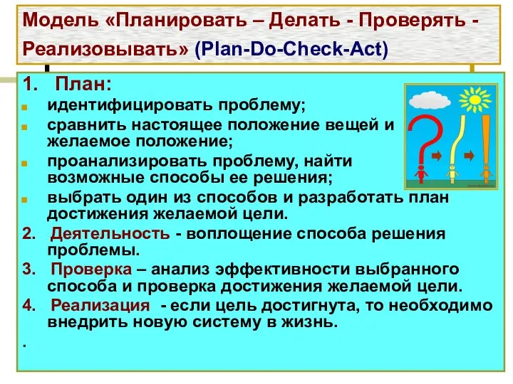 Модель «Планировать – Делать - Проверять - Реализовывать» (Plan-Do-Check-Act) 1. План: идентифицировать