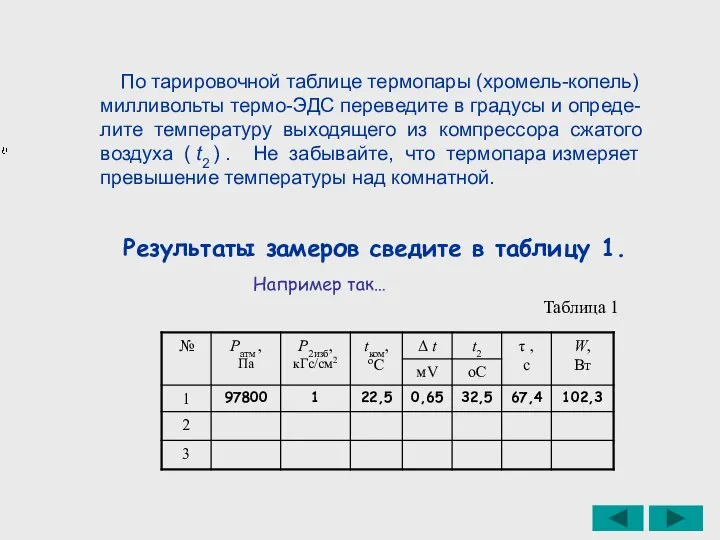 Результаты замеров сведите в таблицу 1. Например так… Таблица 1 По тарировочной