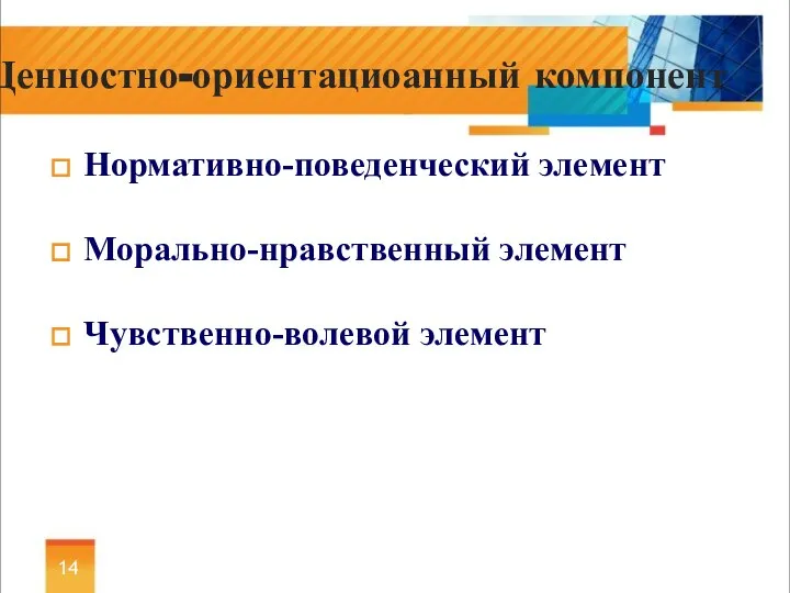 Нормативно-поведенческий элемент Морально-нравственный элемент Чувственно-волевой элемент Ценностно-ориентациоанный компонент