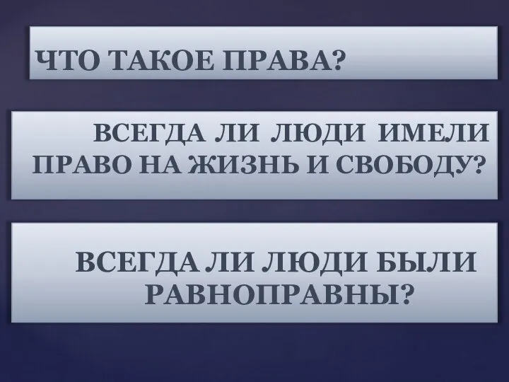 ЧТО ТАКОЕ ПРАВА? ВСЕГДА ЛИ ЛЮДИ ИМЕЛИ ПРАВО НА ЖИЗНЬ И СВОБОДУ?