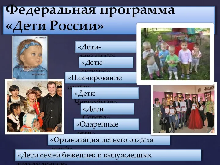 Федеральная программа «Дети России» «Дети-инвалиды» «Дети-сироты» «Планирование семьи» «Дети Чернобыля» «Дети Севера»