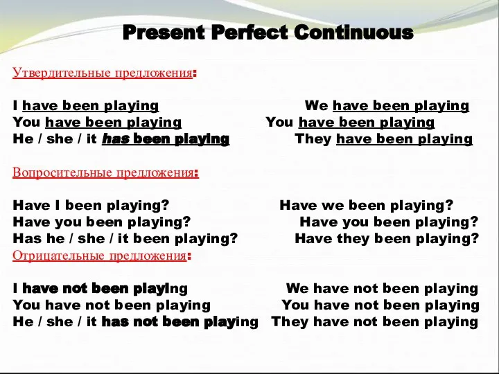 Present Perfect Continuous Утвердительные предложения: I have been playing We have been
