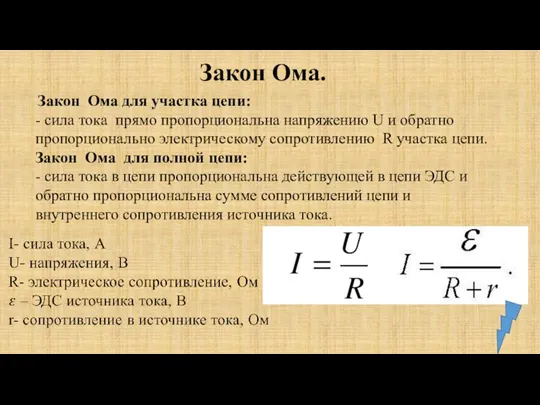 Закон Ома. Закон Ома для участка цепи: - сила тока прямо пропорциональна