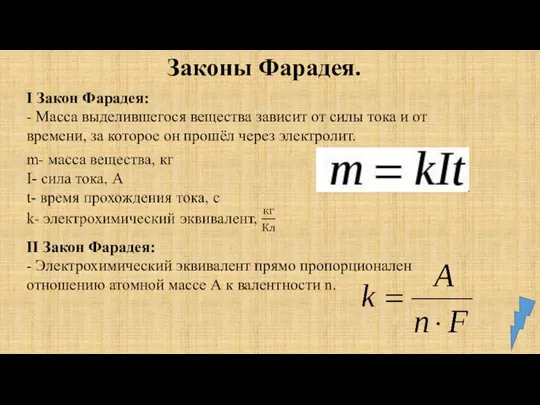 Законы Фарадея. I Закон Фарадея: - Масса выделившегося вещества зависит от силы