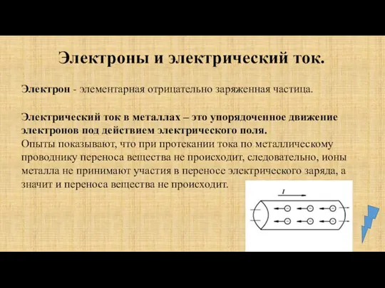 Электроны и электрический ток. Электрон - элементарная отрицательно заряженная частица. Электрический ток