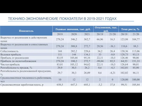ТЕХНИКО-ЭКОНОМИЧЕСКИЕ ПОКАЗАТЕЛИ В 2019-2021 ГОДАХ