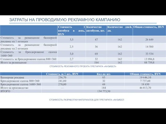 ЗАТРАТЫ НА ПРОВОДИМУЮ РЕКЛАМНУЮ КАМПАНИЮ СТОИМОСТЬ РАЗРАБОТКИ МАТЕРИАЛОВ ДЛЯ ПРЕПАРАТА «АНЗИБЕЛ СТОИМОСТЬ РЕКЛАМНОГО ПРОЕКТА ПРЕПАРАТА «АНЗИБЕЛ»