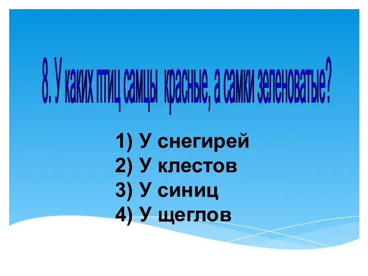 1) У снегирей 2) У клестов 3) У синиц 4) У щеглов