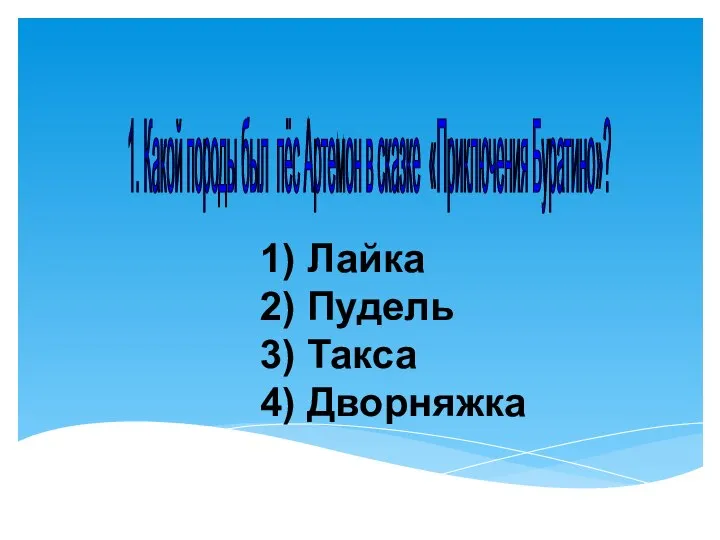 1) Лайка 2) Пудель 3) Такса 4) Дворняжка 1. Какой породы был