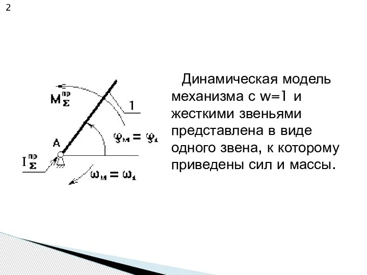 Динамическая модель механизма с w=1 и жесткими звеньями представлена в виде одного