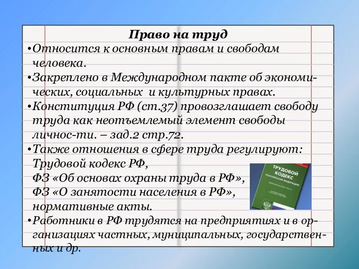 Право на труд Относится к основным правам и свободам человека. Закреплено в