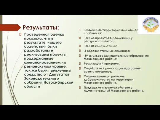 Результаты: Проведенная оценка показала, что в результате нашего содействия были разработаны и