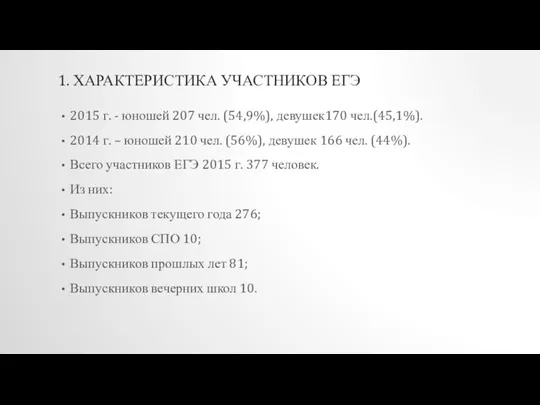 1. ХАРАКТЕРИСТИКА УЧАСТНИКОВ ЕГЭ 2015 г. - юношей 207 чел. (54,9%), девушек170