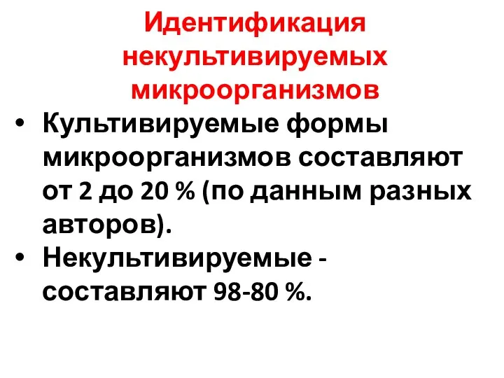 Идентификация некультивируемых микроорганизмов Культивируемые формы микроорганизмов составляют от 2 до 20 %